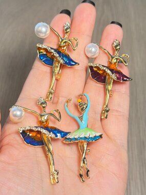 Ballerinas Set of 4 Modern Enameled Brooches with Faux Pearl Accents Pins